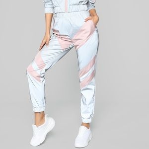 Reflective Joggers in Fog Grey with Crepe Pink Diagonal Stripes